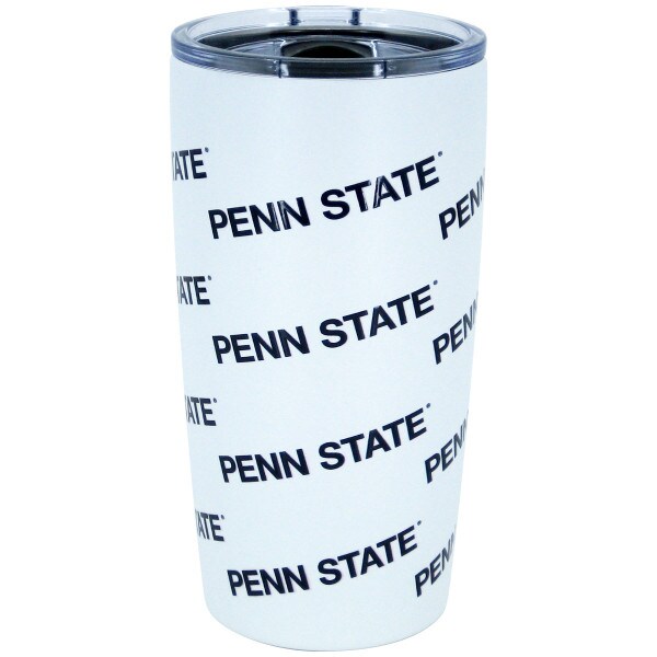 white tumbler with repeating Penn State spiraling